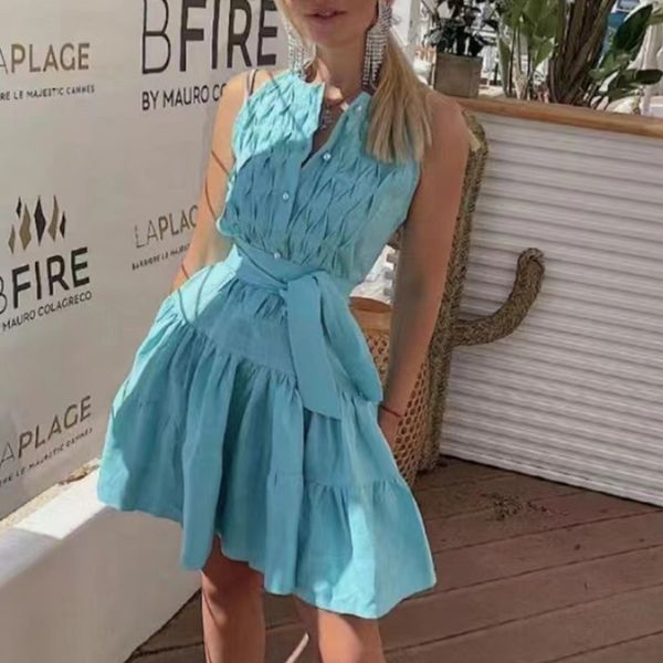 

pleated dress sleeveless waist lace up 2023 new fashion ripple embroidery lace up a-line dress, Black;gray