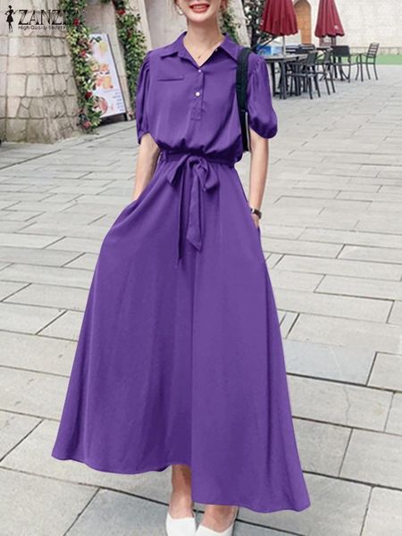 

dresses elegant solid shirt dress women summer sundress 2022 zanzea casual puff sleeve maxi vestidos female lapel button robe femme, Black;gray