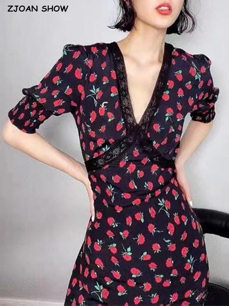 

dresses 2022 retro french style spliced lace deep v neck black red flower print women midi dress puff sleeve tea dresses holiday robe, Black;gray