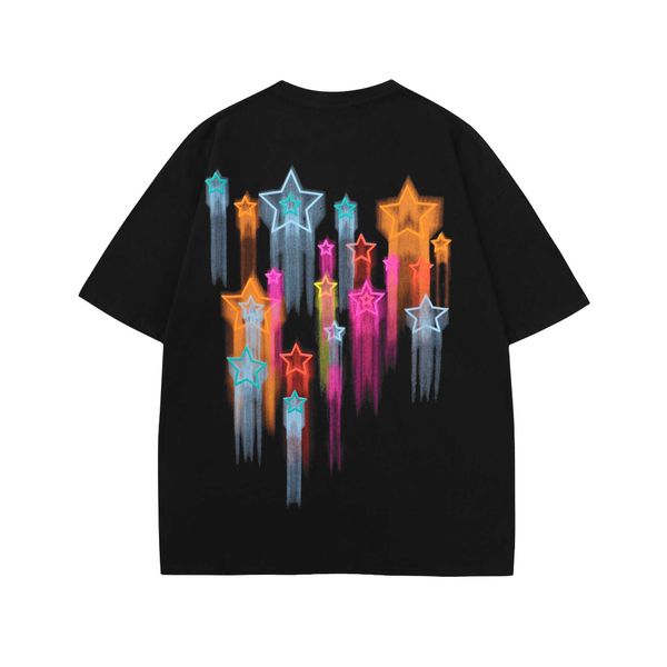 

men and women t-shirtschaopai back colorful sky star print short sleeve t-shirt men's and women's ins fashion loose couple t-shirt, White;black