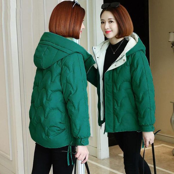 

leather short winter jacket women parka coat warm thick down cotton coat female loose hooded cotton padded outerwear women winter jacket, Black