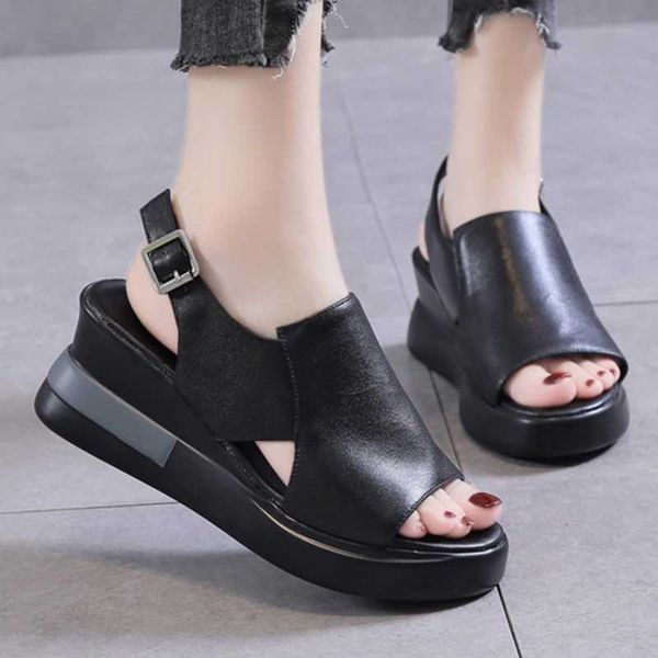

sandals summer wedge shoes for women sandals solid color open toe high heels casual ladies buckle strap fashion female sandalias mujer j2304, Black