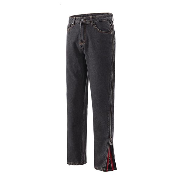 

pants side zipper straight black washed jeans for men casual oversized denim trouses jean299y, Black;brown