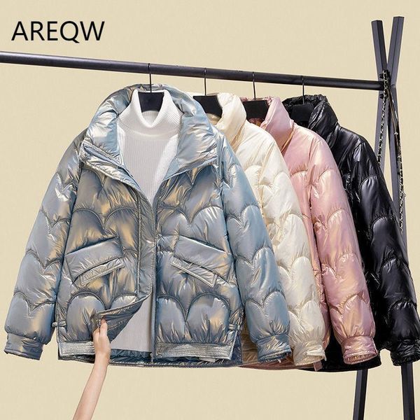 

leather 2022 bright cotton puffer jacket women's short winter new korean loose cotton parkas coat bubble coat, Black