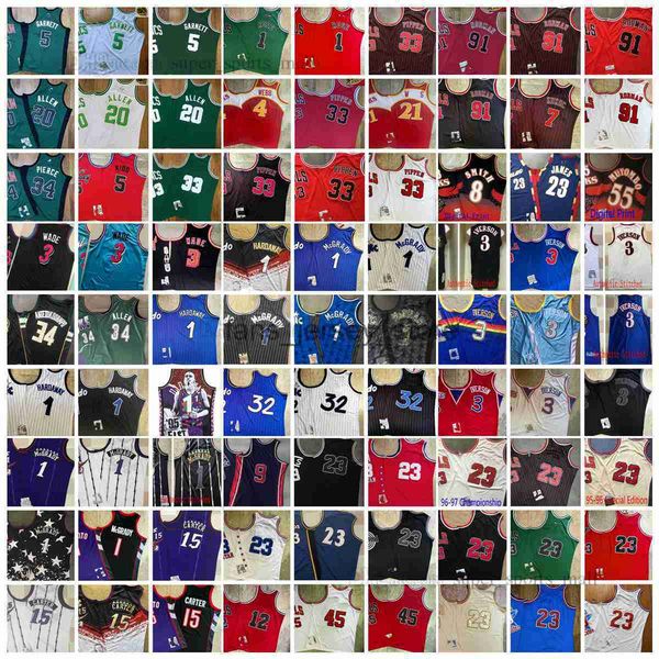 

real stitched retro mitchell and ness basketball jerseys ray iverson rose kukoc pippen rodman garnett pierce antetokounmpo durant irving jam, Black;red