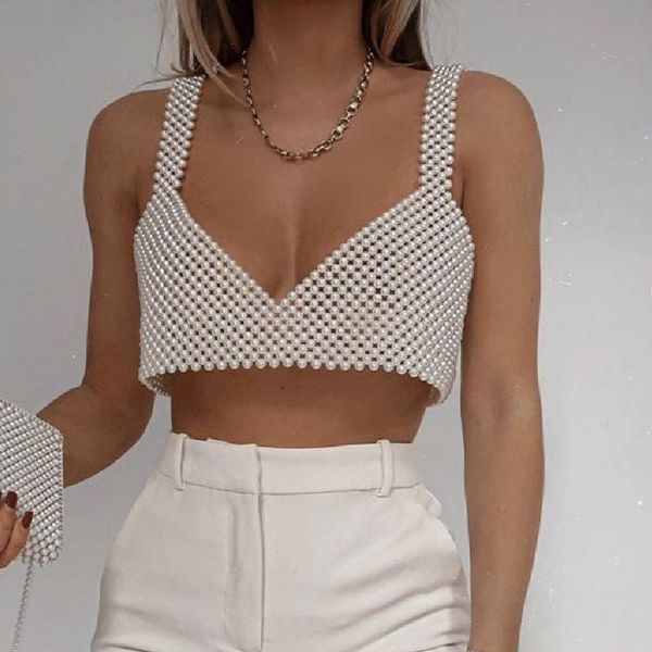

t-shirt gaono elegant lady pearl crop fishnet hollow out camisole summer beach holiday coverups women sleeveless backless vest, White