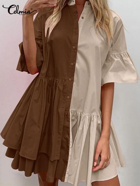 

dresses celmia fashion women ruffles mini dress flare sleeve patchwork robes color contrast short sundress casual loose pleated vestidos, Black;gray