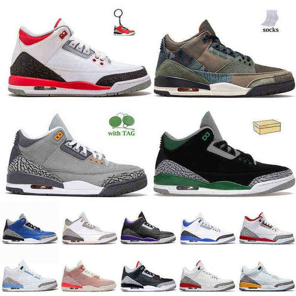 

2022 fire red jumpman 3 women mens basketball shoes with box socks patchwork camo cool grey pine green unc laser ge a ma maniere black
