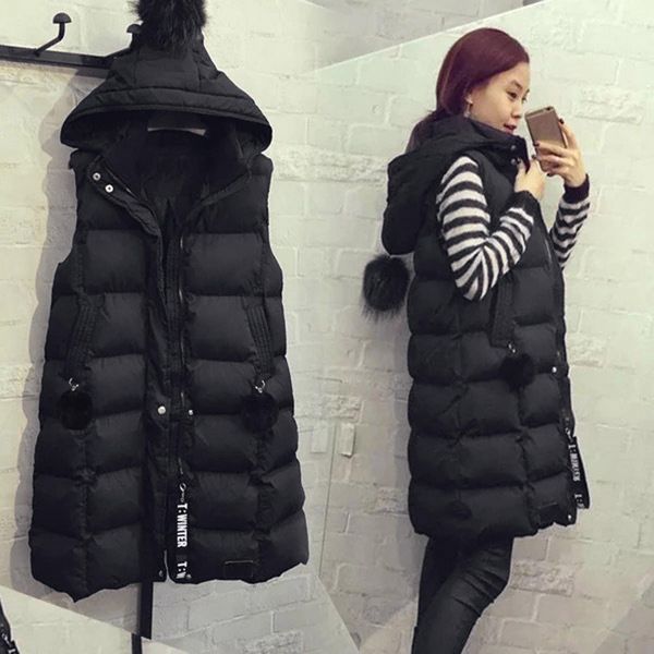 

vests autumn winter women long parkas vest warm black zipper hooded down coat parka ladies sleeveless waistcoat jacket outwear, Black;white
