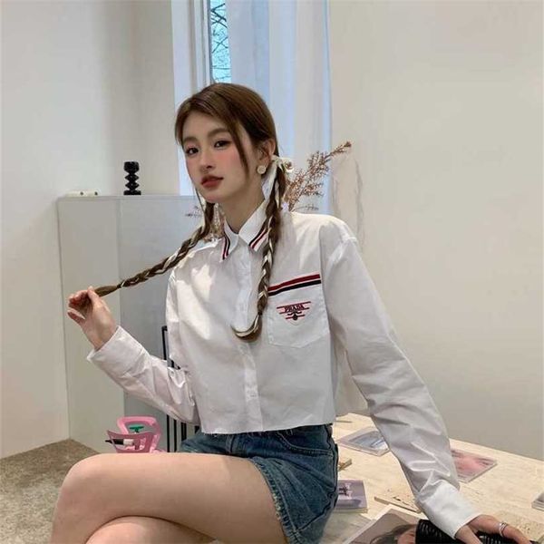 

22% off family spring/summer new embroidery contrast color velvet stripe bottom with raw edges long sleeve short versatile shirt, White