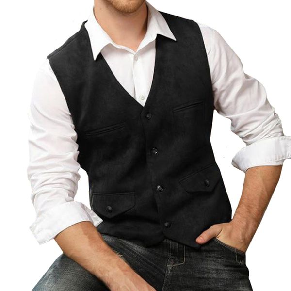

blazers men's vest black suede formal business vest v neck single breasted retro tooling waistcoat steampunk vest for men wedding vest, White;black