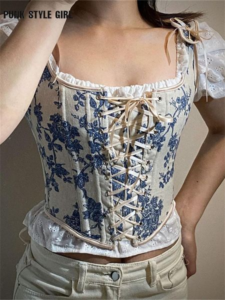 

t-shirt french vintage lace up overbust corset crop floral beach party bustiers straps cami cropped for women, White