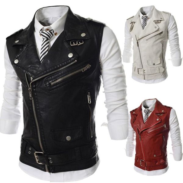 

blazers men's suit vest black lapel collar zipper short leather fashion casual vest punk style gilet men for steampunk clothing 2021, White;black