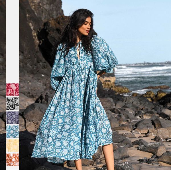 

mid-length loose women's casual dress floral printted half puff sleeved half open collar 2023 spring and summer new fashion one-piece s, Black;gray