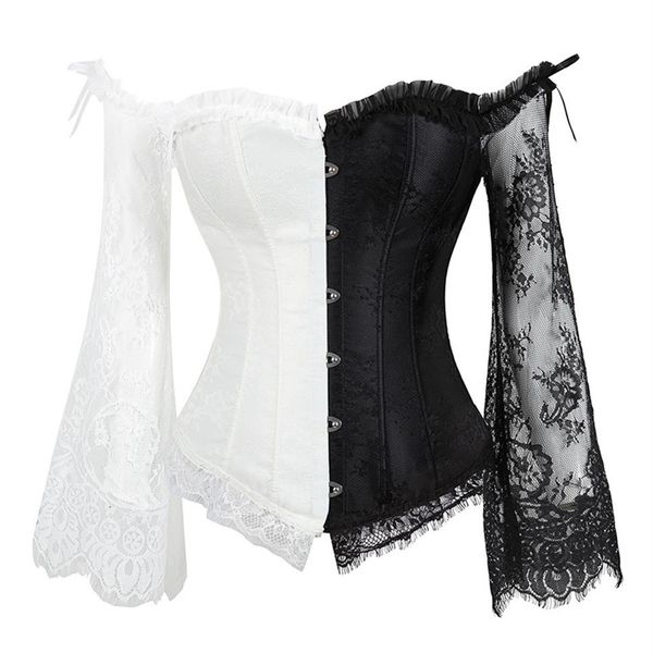 

women styling corsets long sleeve lace corselet lace up bustiers korset for posture party club wedding plus size264v, Black;white
