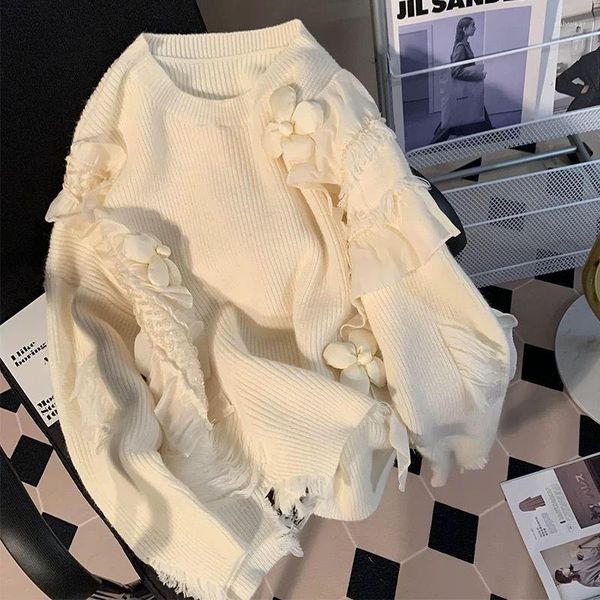 

Women's Sweaters Pullover Ruffled Three-dimensional Flower Knitting Shirt Loose Glutinous Autumn Sweet Age Reducing Sweater For Women, Apricot