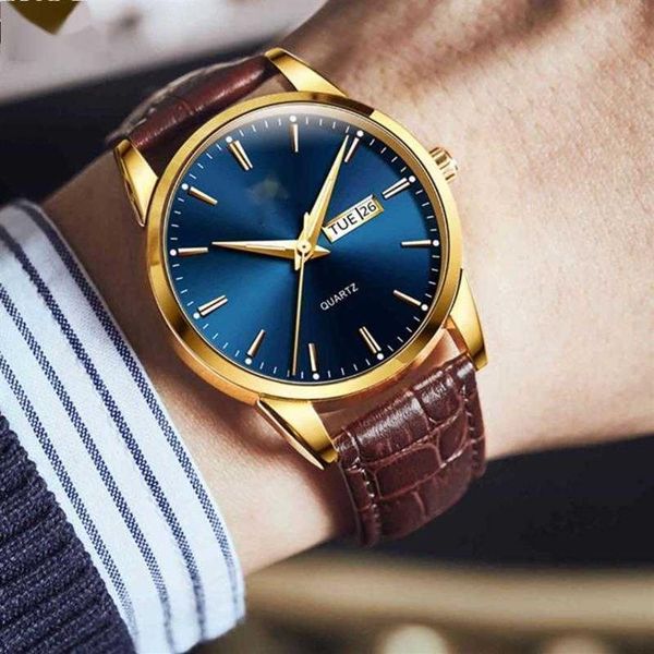 

men classic gold blue face quartz waterproof watch brown leather strap business popular casual for mens watch2691, Slivery;brown