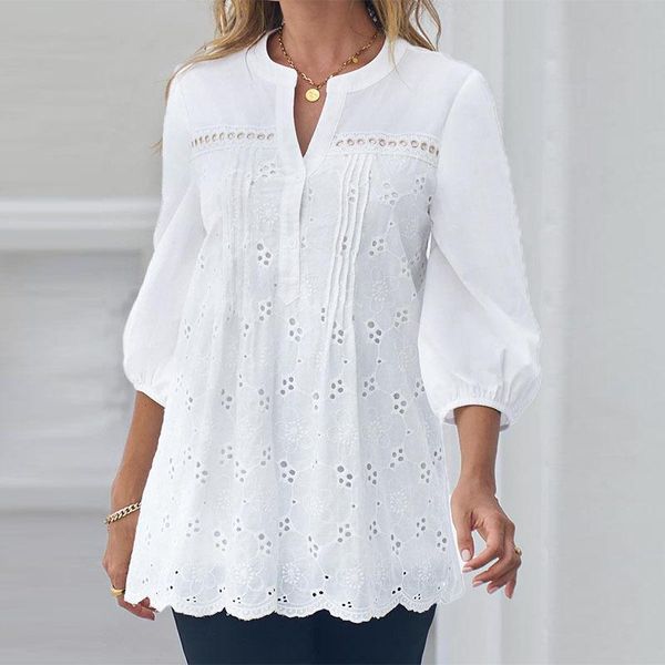 

t-shirt spring summer clothes for women allmatch white vneck hollow out pullover nine points sleeve blouse lace slim elegant shirt