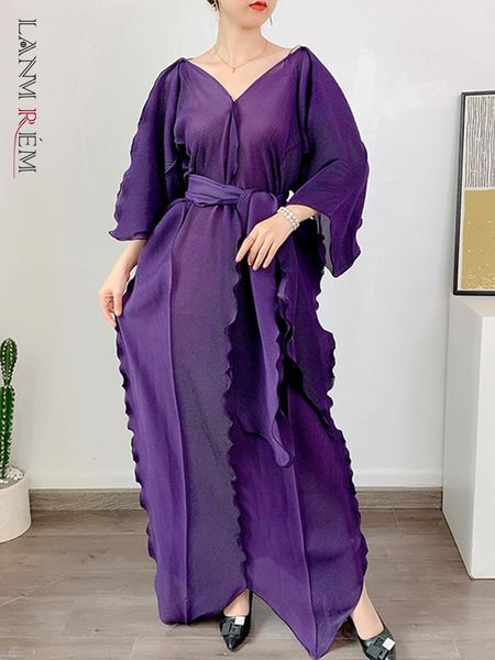

dresses lanmrem 2023 fashion pleated dress for women vneck half sleeves loose belt dresses casual female clothing spring tide 2ya772, Black;gray