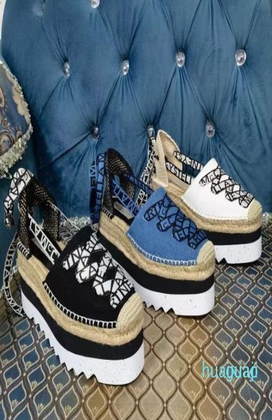 

gaia platform espadrilles stella mccartney sandals 8cm increasing fashion wedge denim summer shoes 8881732010, Black