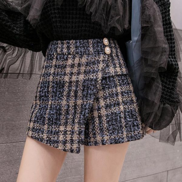 

shorts wool tweed high waist woman shorts pearls button irregular split mini plaid skirt korean vintage wide legs shorts femme thick, White;black