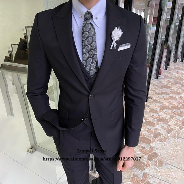 

blazers black slim fit suits for mens 3 piece jacket vest pants set groom wedding peaked lapel tuxedo male formal business costume homme, White;black