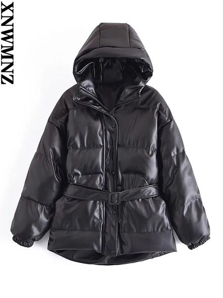 

leather xnwmnz new women leather with belt warm cotton parka winter coat womens clothing slim waist long sleeve hooded outwear clothes, Black