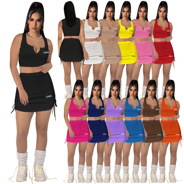 

women's two piece dress 2023 summer new v-neck open waist drawstring letter embroidered skirt set sports brand women's casual dres, White