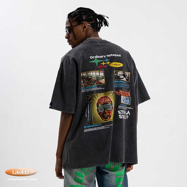 

men and women t-shirtslawfoo spring/summer china-chic brand american wash large print loose fit couple t-shirt fashion, White;black