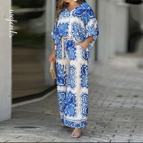 

pants wefads women two piece set fashion casual print v neck half sleeve loose wide legs stretch long pants sets high streetwear, White