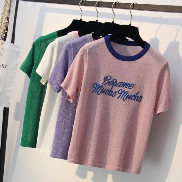 

t-shirt summer korean cute letter tee shirt femme hipster harajuku lurex womens clothing kawaii ladies short sleeve t shirt women, White