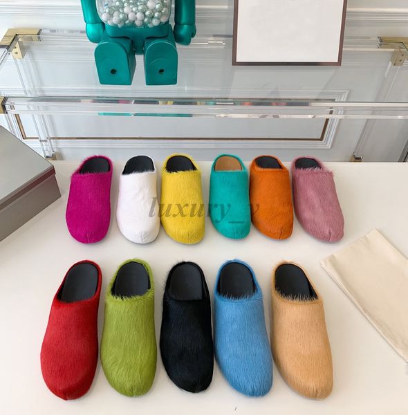 

designer fur slippers horse hair slides women round toe loafers black rose red mules half slipper men rubber slide plush shoes