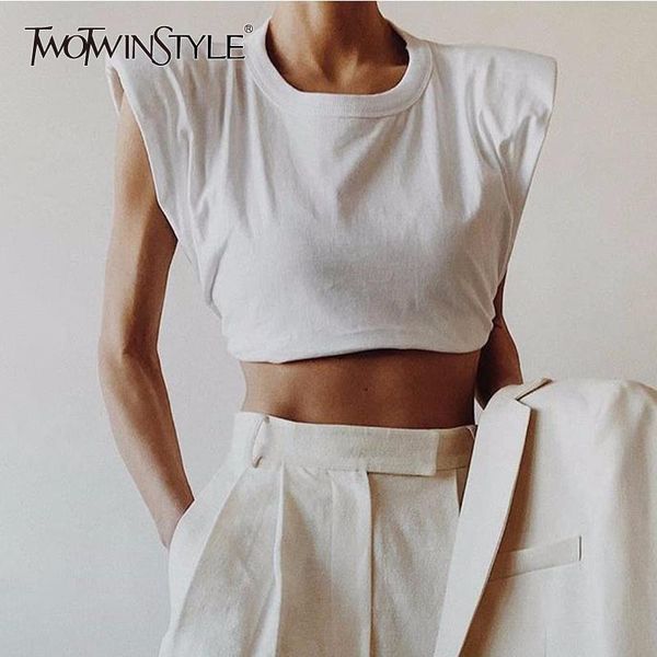 

t-shirt twotwinstyle minimalist women t shirt o neck sleevelesss elegant short tshirt for female fashion clothing 2020 spring summer, White