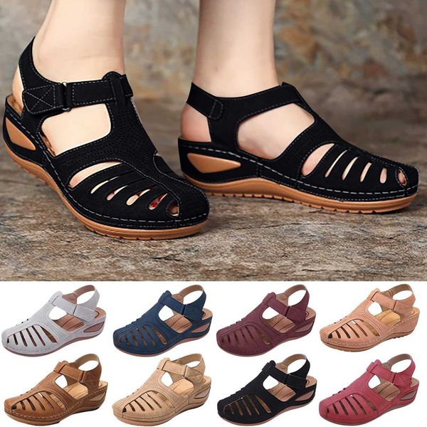 

sandals ladies leather sandals spring summer retro wedge wading shoes casual digging women's shoes women's flat retro plus size sl, Black