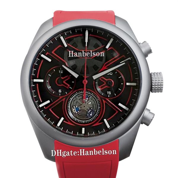 

mens watch tourbillons vk quartz movement steel luminous red dial leather strap chronograph watches sport wristwatch 45mm2637, Slivery;brown