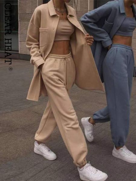 

pants women 3 piece sets female fleece tracksuit sets female long sleeve cardigan and wide leg pants suits winter lady autumn outfit, White