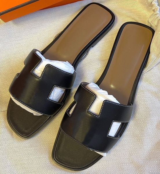 

designer brand slippers real leather ladies beach sandals summer flat shoes fashion beach women slipper h letter drag with dust bag 35-42, Black