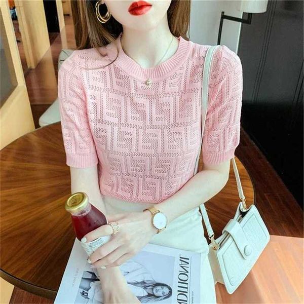 

20% off goods european station letter thin hollow ice silk knitted shirt summer pink t-shirt women's design sense small top, White;black