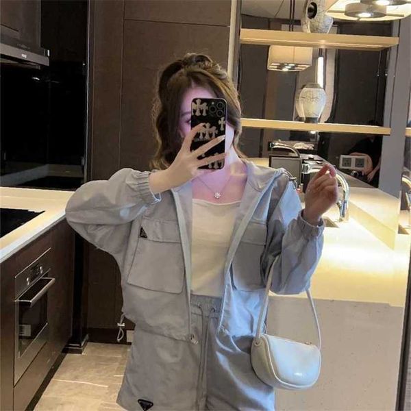 

24% off family spring/summer new trendy and cool fashion triangle label hooded sunscreen coat+drawstring straight shorts set, White