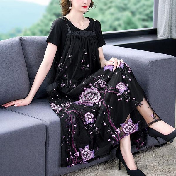 

dresses 2022 new summer embroidery vintage elegant loose waist two piece dress sets women black tshirt+print natural silk strap dress s, Black;gray