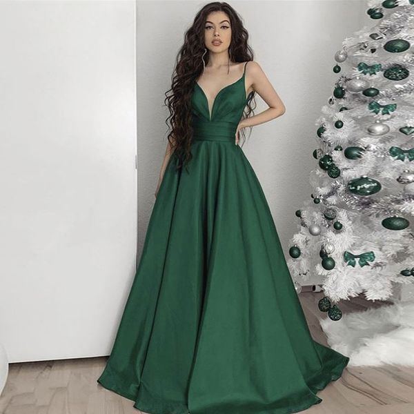 

emerald green spaghetti strap evening dresses v neck ruched a line long prom gown with pockets satin sweep train females vestidos de fiesta, Black;red