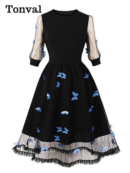 

dresses tonval black elegant 3d butterfly mesh overlay vintage evening party dresses for women button back gorgeous dress spring, Black;gray
