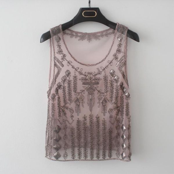 

tanks women perspective mesh crop runway oneck sleeveless heavy beaded sequin tank party club gauze embroidery top, Black;white