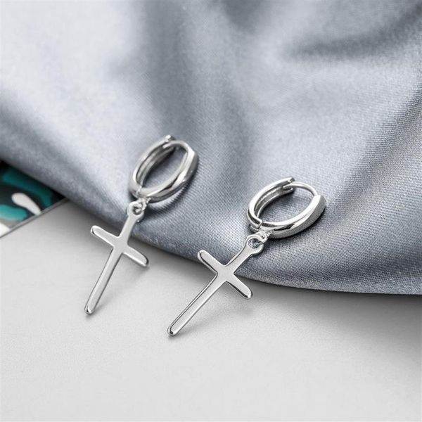 

hoop & huggie sterling silver cross earrings minimalist charm dangle drop dainty women menhoop2470, Golden;silver