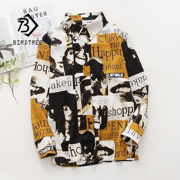 

shirts new women vintage letter print chiffon blouse full sleeve button up turn down collar shirt casual office lady autumn t12721, White