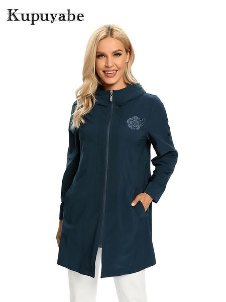 

raincoats kupuyabe women's windbreaker midlength hooded jacket spring and autumn loose zipper print windbreaker, Black