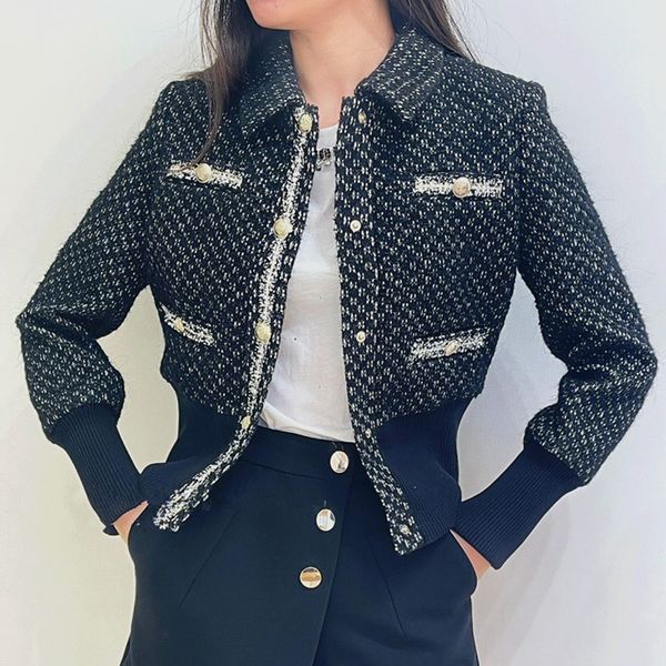 

women's jackets maje contrasting tweed-style jacket black, Black;brown