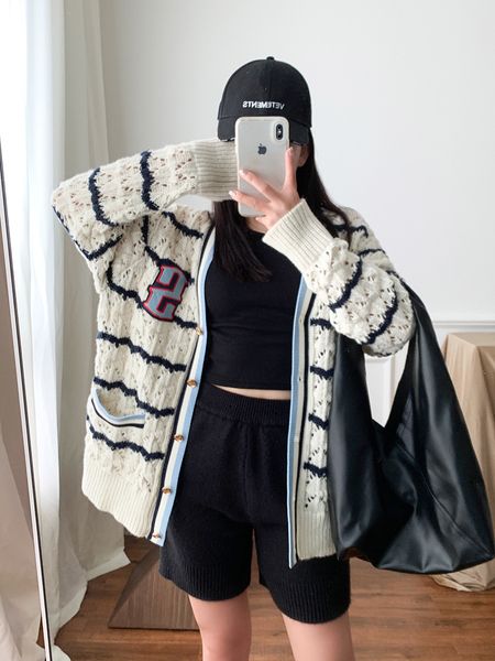 

women's jackets sandro v-neck striped hollowed out knitted cardigan, Black;brown