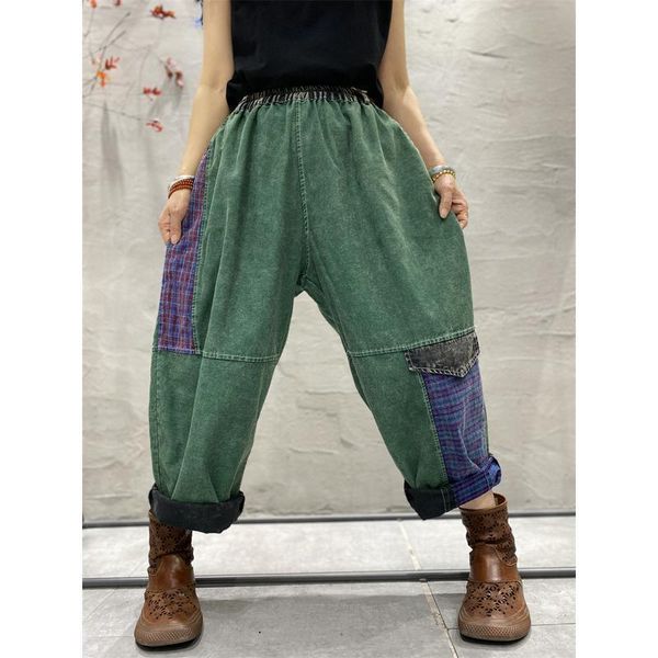

jeans 2022 spring summer new arts style women elastic waist vintage loose jeans spliced plaid casual cotton denim harem pants c18, Blue