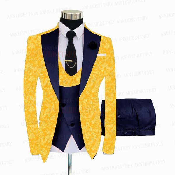 

blazers yellow floral jacquard men groom wedding suits set custom slim fit formal male shiny prom dinner suit blazer vest pants 3 pieces, White;black
